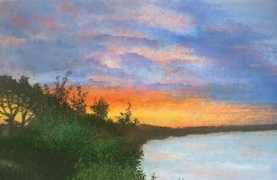 Peinture : lever de soleil sur les falaises de Pors Mabo