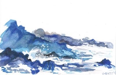 Aquarelle - les vagues sur un rocher